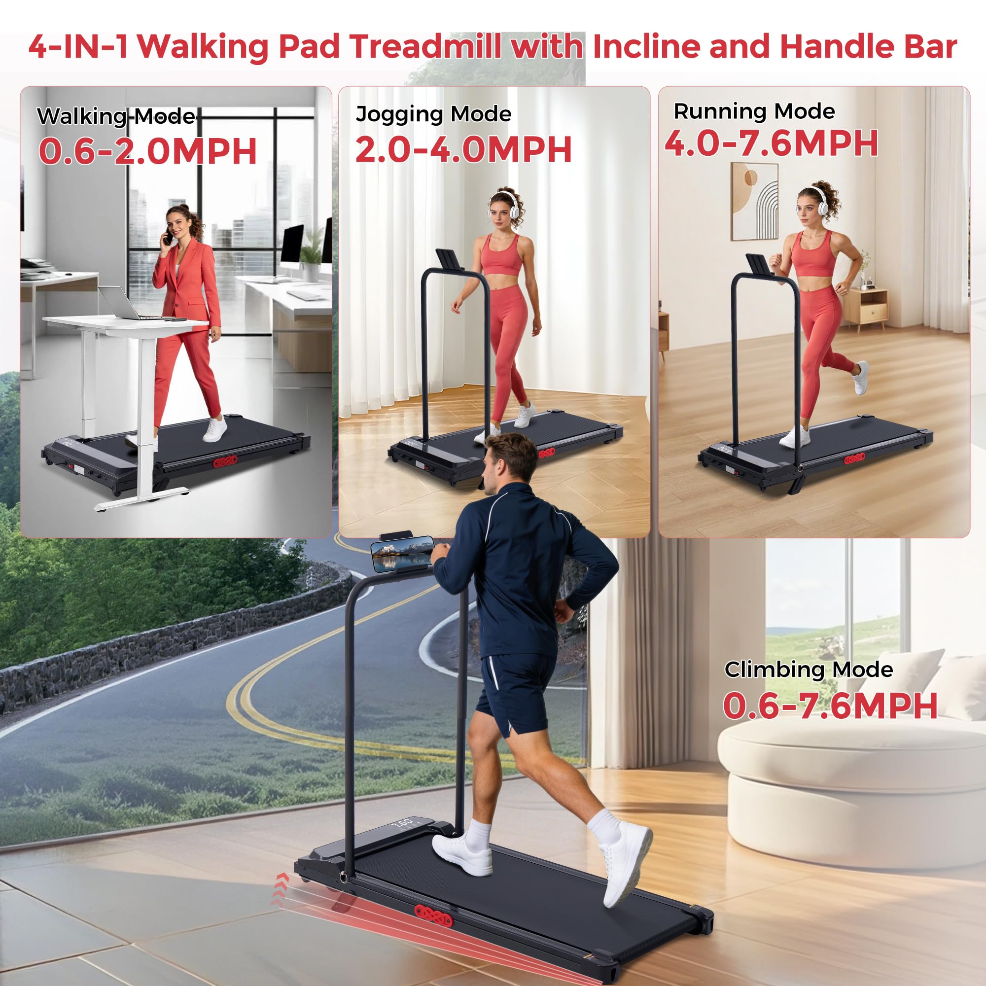 Foldable Walking Pad Treadmill Black 12 Programs 3.5HP Motor 400lb Capacity
