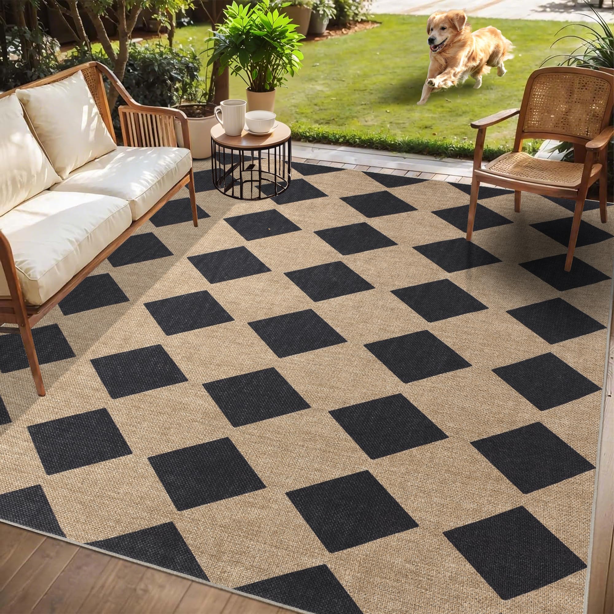Open-Box New Zeeinx Checkered 5x7 Outdoor Patio Area Rug - Washable Non-Slip Black Retail $40.00