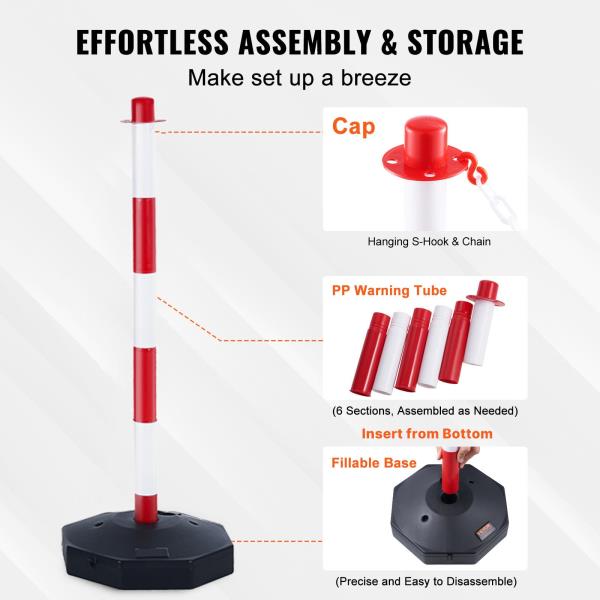 Adjustable Traffic Delineator Post Cones 6 Pack with 6.6FT Chain Red  White