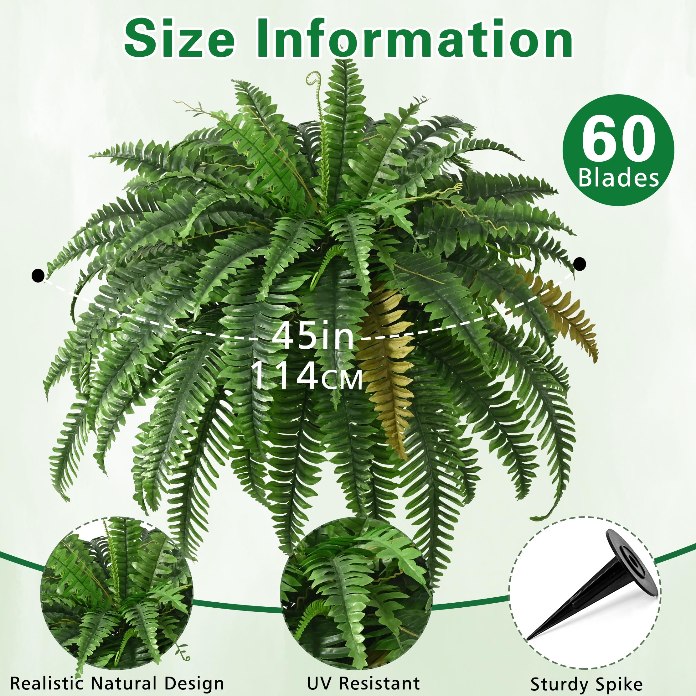 2PCS 45in Fake Ferns- Large Artificial Plants Outdoor, UV Resistant Artificial Ferns for Outdoors, 60 Branches Faux Boston Fern Realistic Weatherproof Fake Plants for Porch Home Patio Hanging Decor Retail $44.00