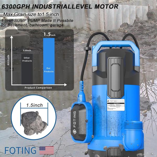 5HP 6300GPH High Flow Submersible Sump Pump 1.5 Solids Handling AutomaticManual Mode