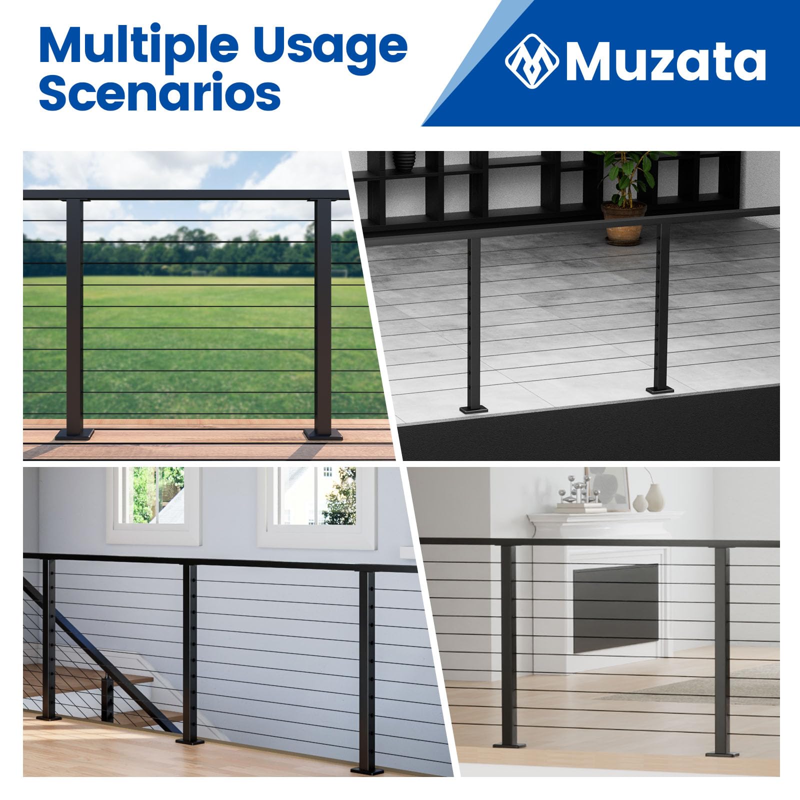Black T304 Stainless Steel Square Cable Railing Post MZZ878