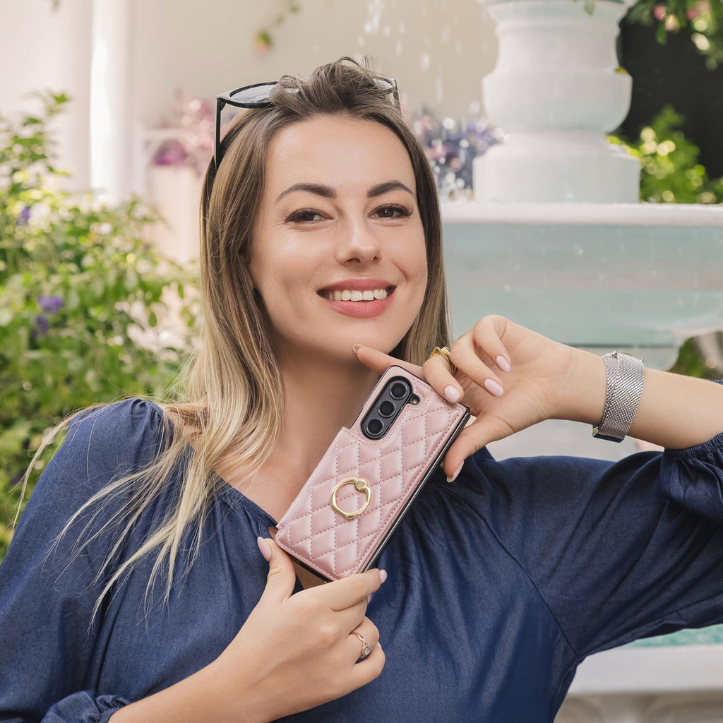 Samsung Galaxy Z Fold 6 Leather Wallet Case w Ring Card Holder Kickstand - Rosegold