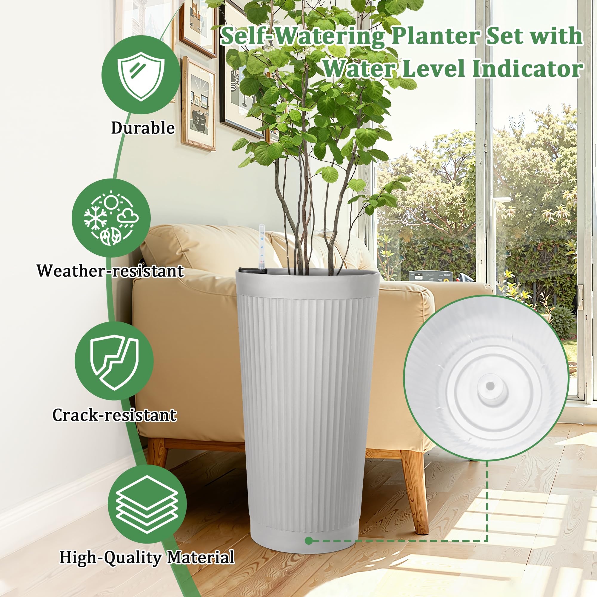 '-Pack 24in Round Plastic Self-Watering Planters with Vertical Ribbed Design White