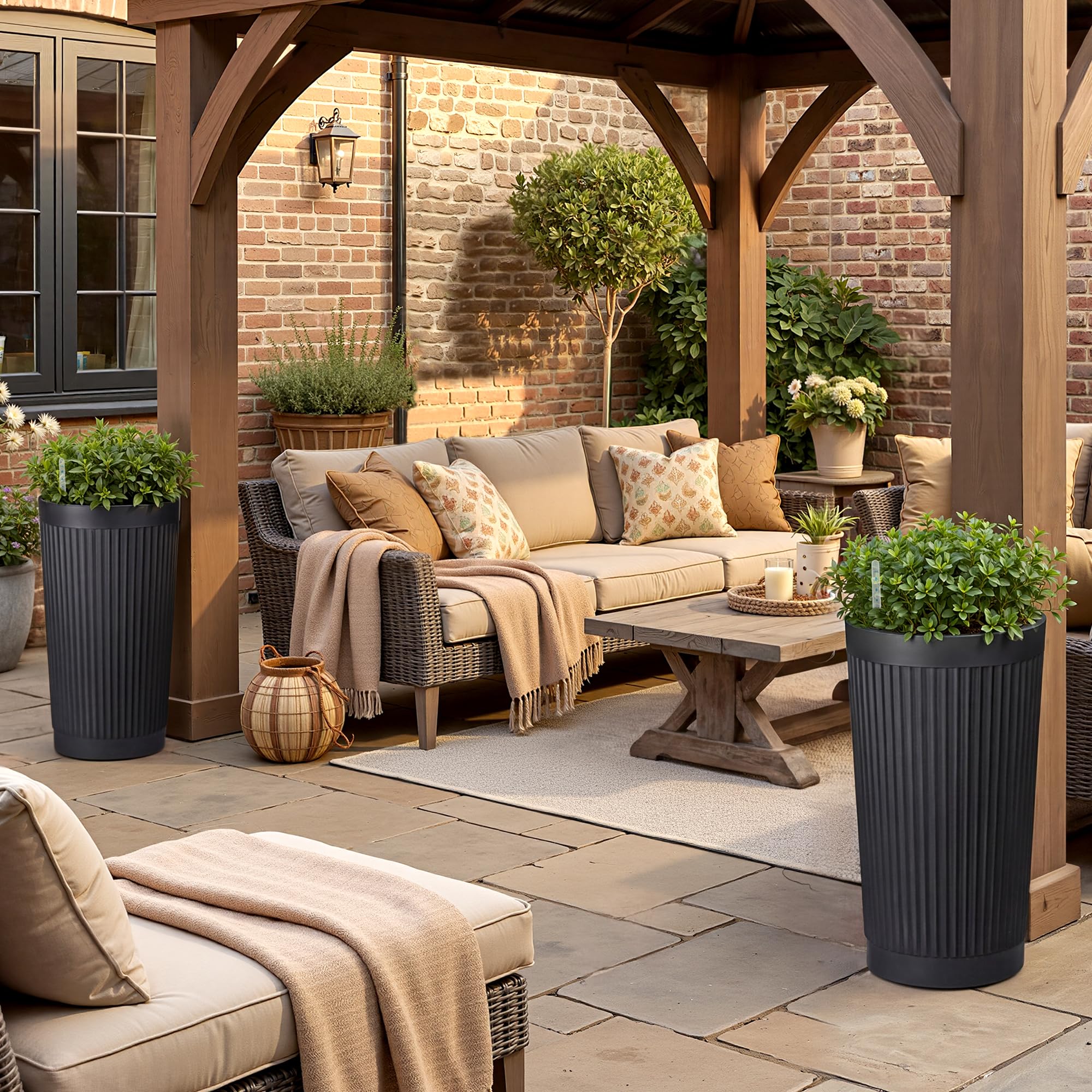 '-Pack 24in Round Plastic Self-Watering Planters with Vertical Ribbed Design Black