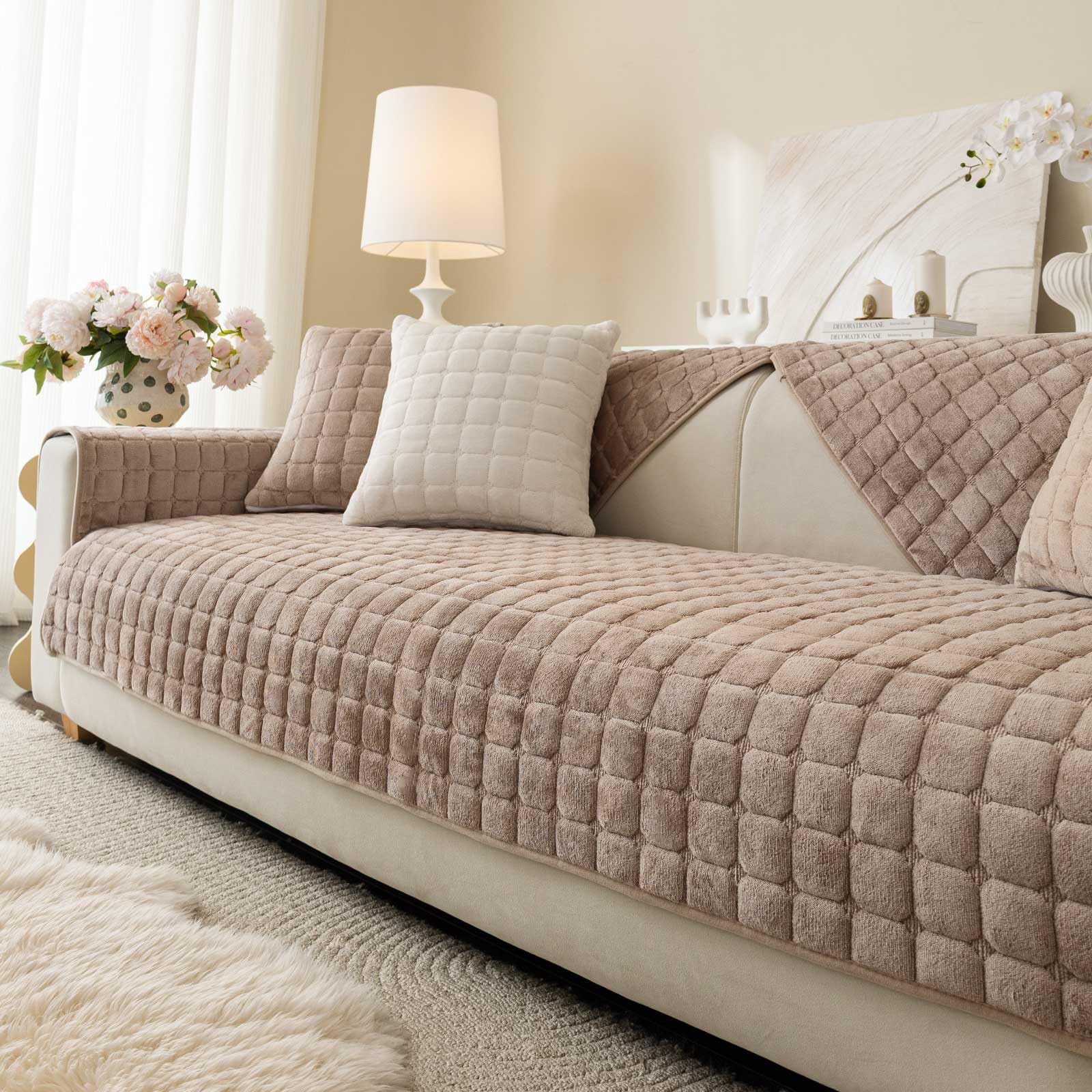 New Aucrovee Velvet Washable Non-Slip Sectional Couch Cover for Pets - Khaki 36x94 Retail $36.00