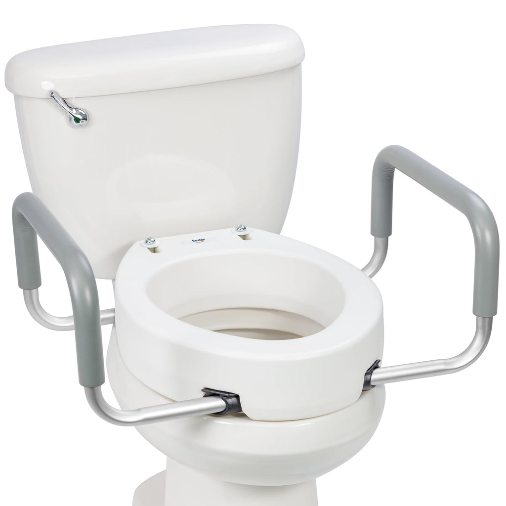 White 3.5 Inch Elongated Raised Toilet Seat with Removable Padded Handles 300 lbs Capacity