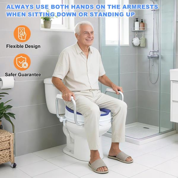 Raised Toilet Seat with Handles, Add 5 inch, Fits Round Toilet