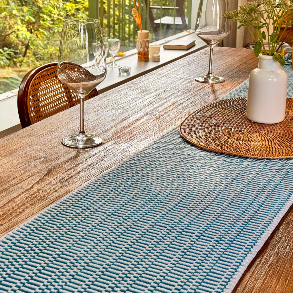 White Teal Blue Farmhouse Woven Table Runner 72 Inch Retail $29.00