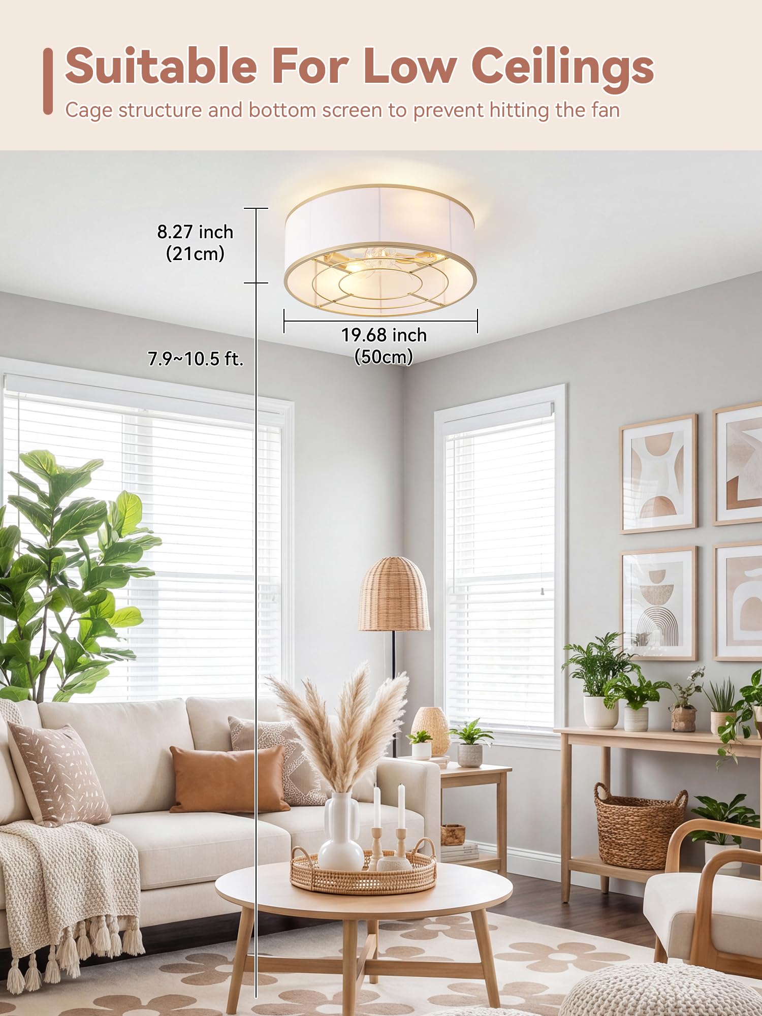 Gold Boho Low Profile Ceiling Fan with Light Flush Mount  Remote Control