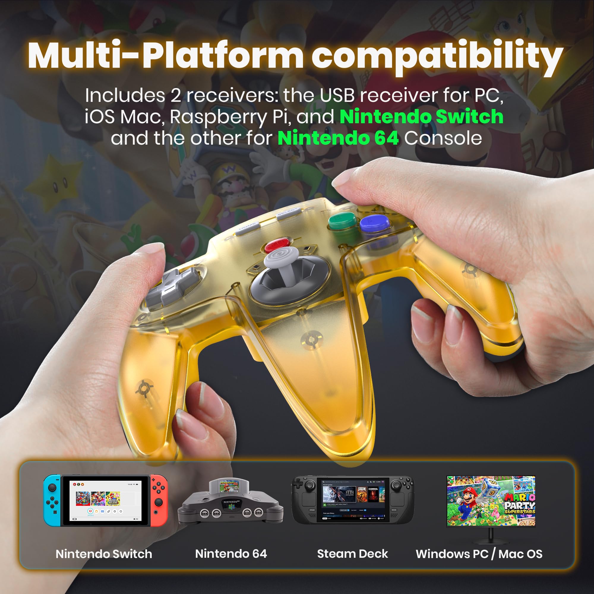 Transparent Yellow 2.4 GHz Wireless N64 Switch Online Controller with USB  N64 Receiver Retail $42.00