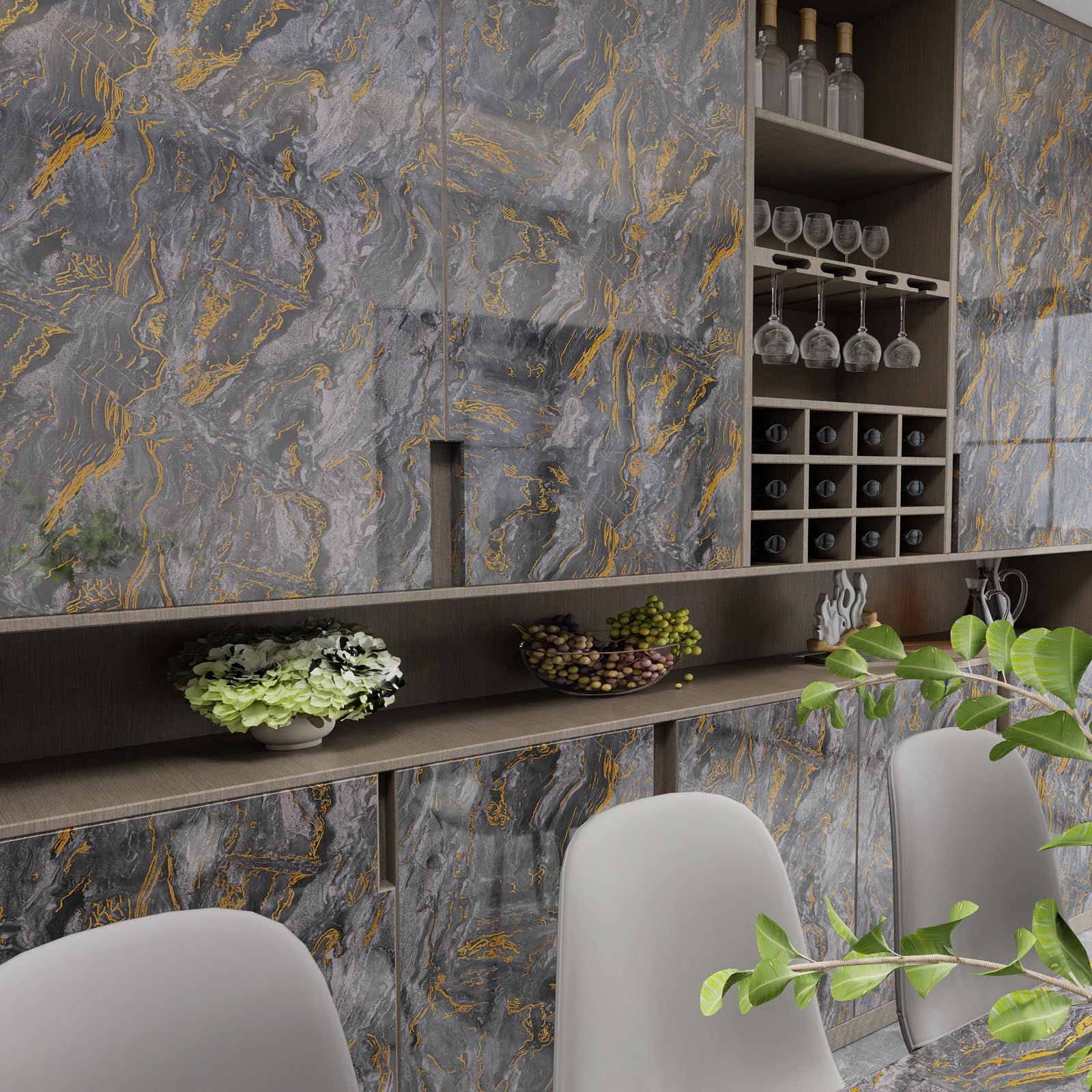 Grey and Gold Glossy Marble Peel and Stick Wallpaper 23.6 x 472.4 for Countertops $59.25