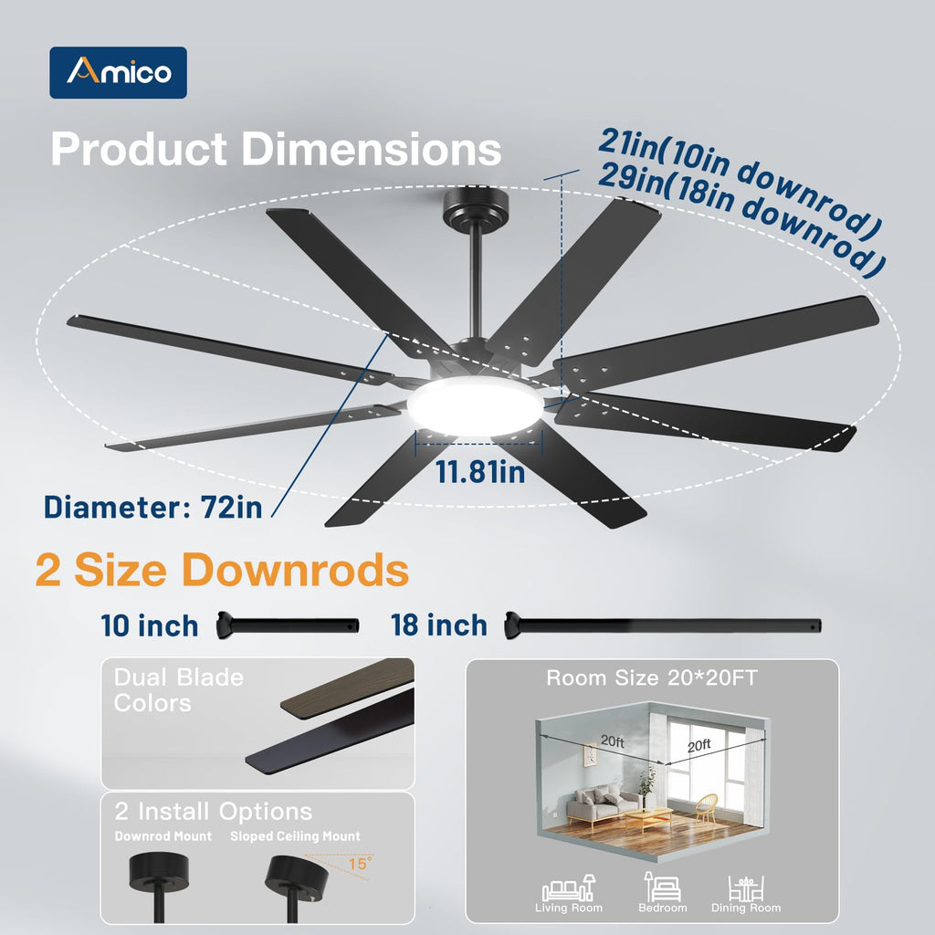 Open-Box New Amico 72 Dimmable Remote Quiet Black Modern IndoorOutdoor Ceiling Fan w Light