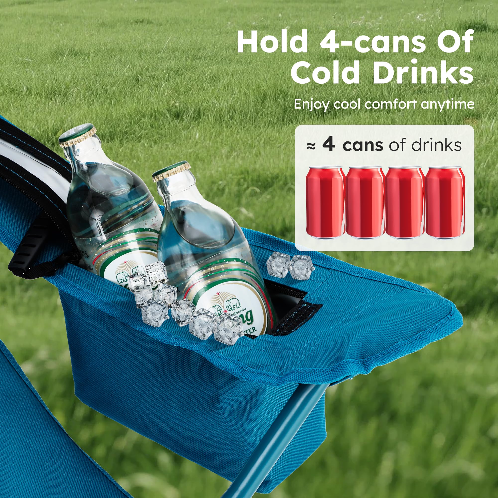 -Pack Heavy Duty Folding Camping Chairs with Cooler Bag  Lumbar Support - Blue