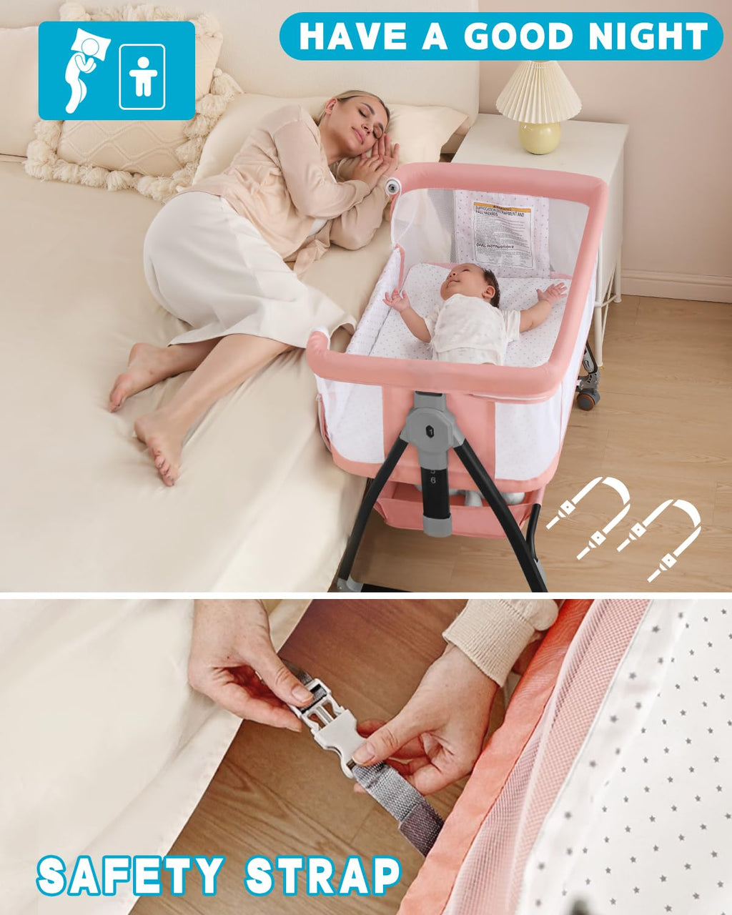 Pink Multi-functional Bedside Bassinet  Sleeper 6-Position Height Adjustable