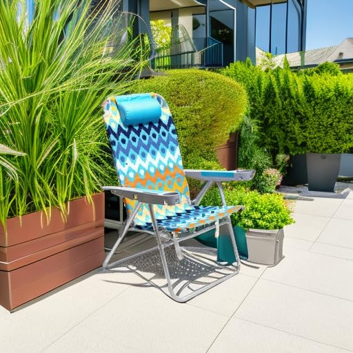 Blue Oversized 5-Position Reclining Beach Chair with Cup Holder High Back