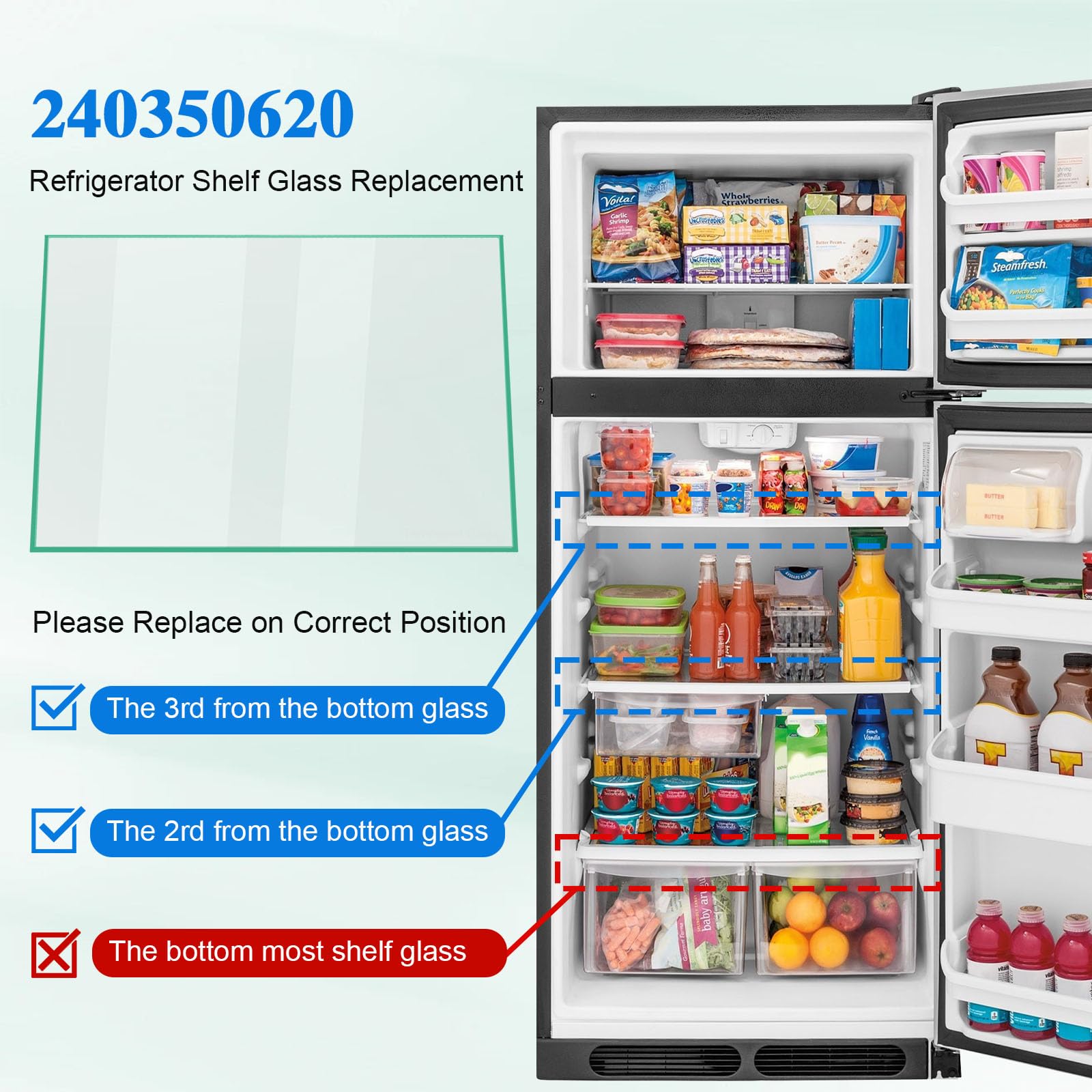 240350620 glass shelf replacement Compatible with Frigidaire Refrigerator Kenmore, Kelvinator,Replaces PD00000513, 240350656, 240443904, 891122, AP2115933 Retail $41.00