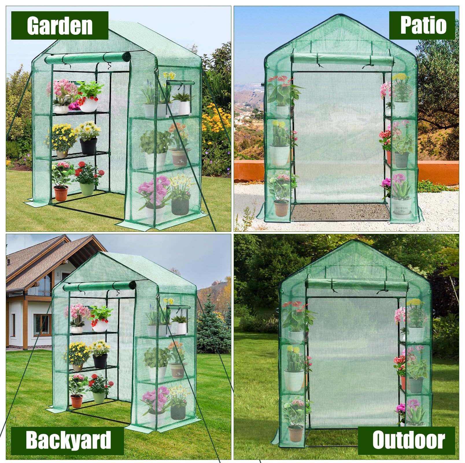 Portable Walk-in Greenhouse 3 Tiers 4 Shelves Screen Windows PE Cover Green 28x57x76