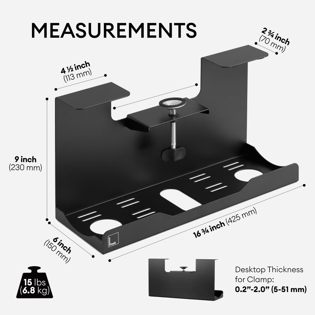 Heavy-Duty Clamp-On Steel Under Desk Cable Management Tray Black 17x9 No Drill