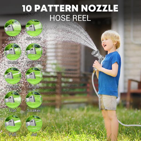 Retractable Garden Hose Reel 12 in x 100ft Wall Mount with 10 Pattern Nozzle and Swivel Bracket