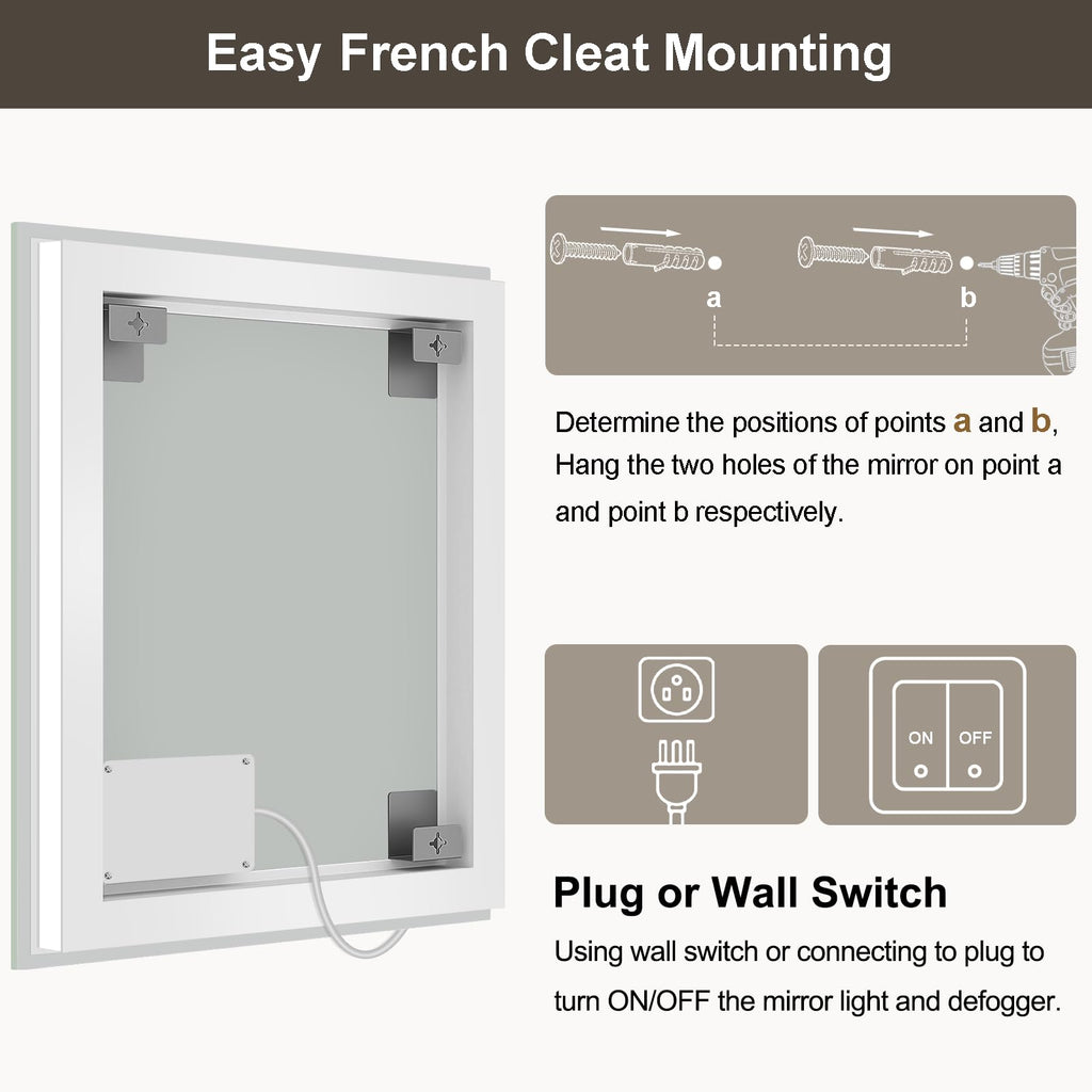x30 LED Backlit Dimmable Anti-Fog Tempered Wall-Mounted Bathroom Mirror
