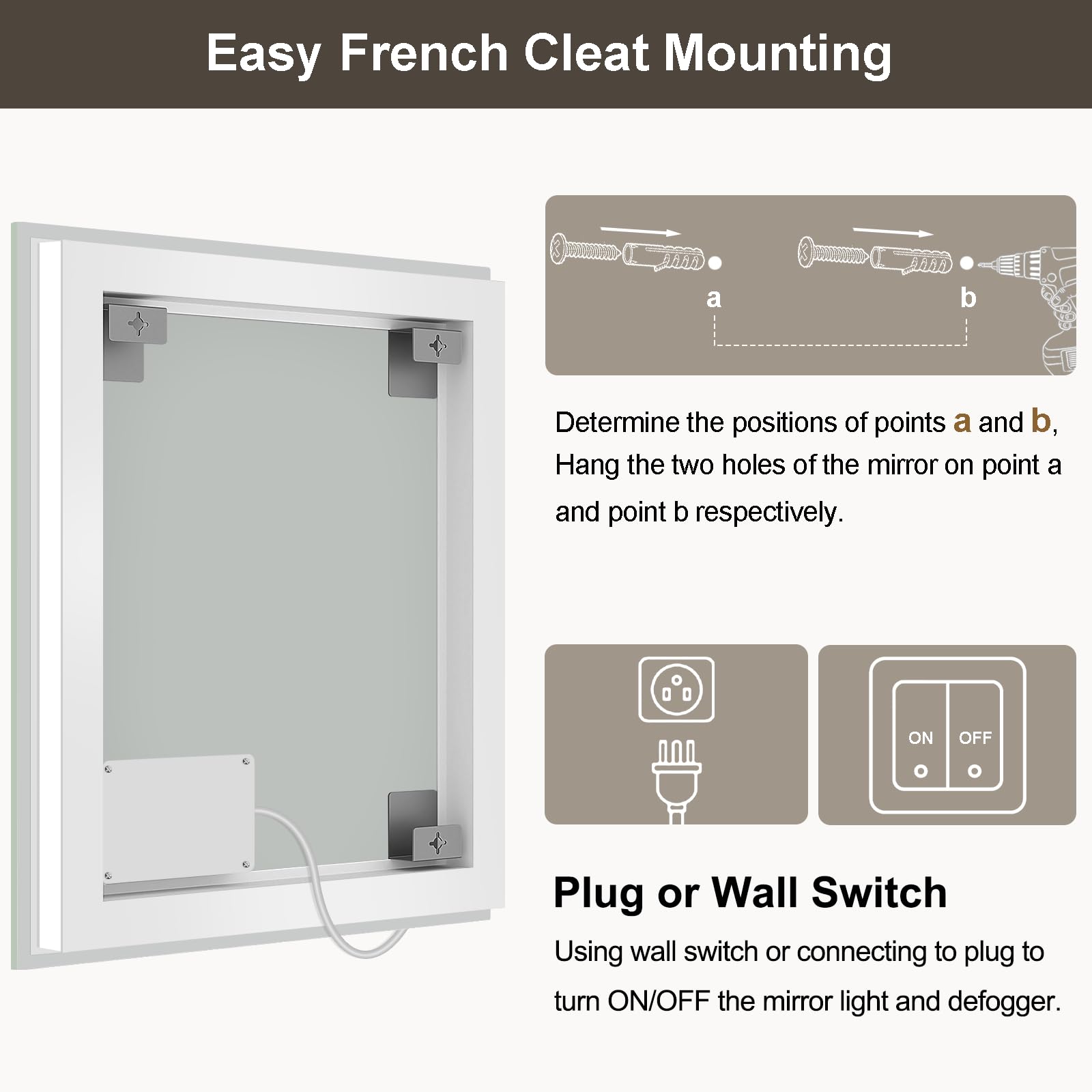 x30 LED Backlit Dimmable Anti-Fog Tempered Wall-Mounted Bathroom Mirror