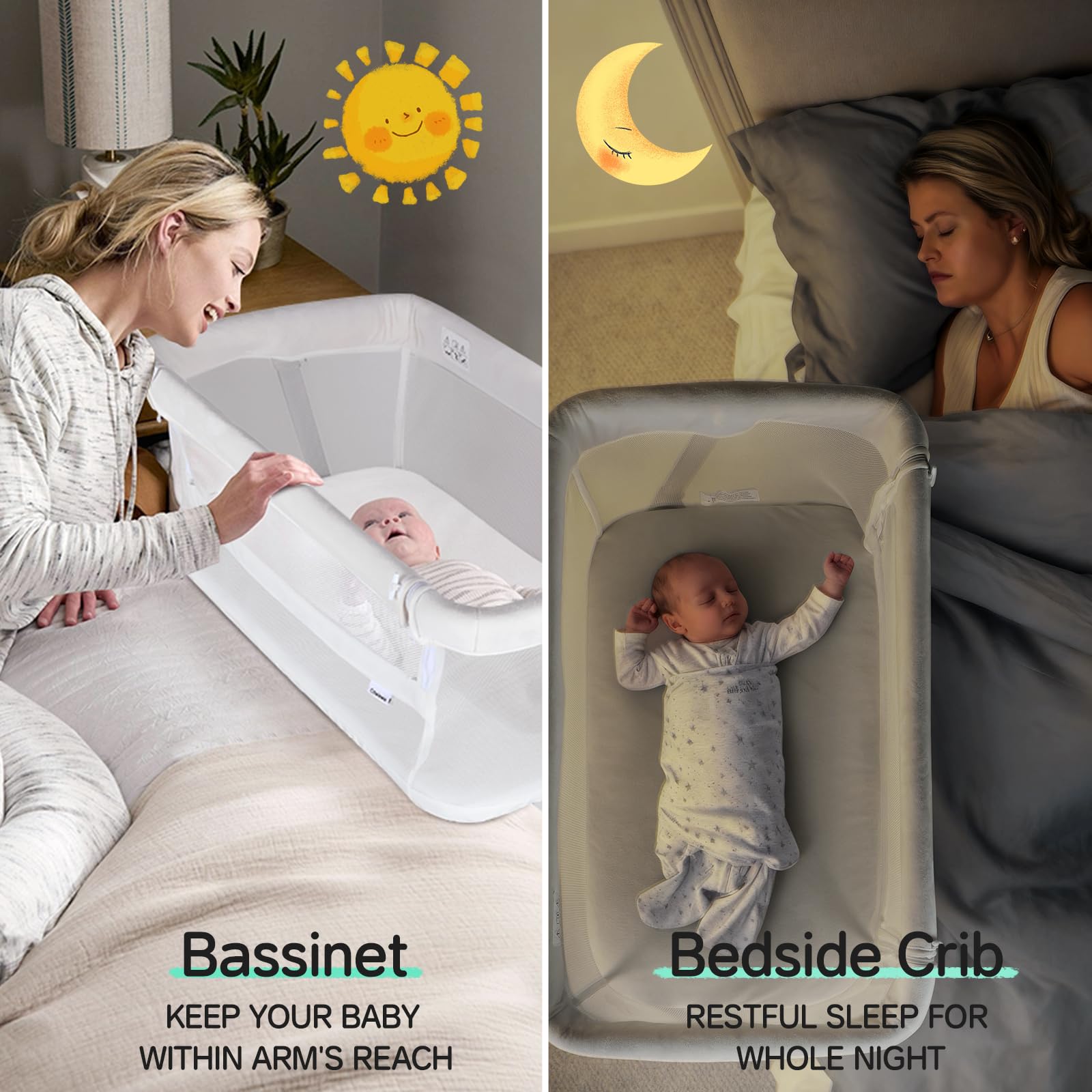 Baby Bedside Bassinet 5-Level Adjustable Height - White