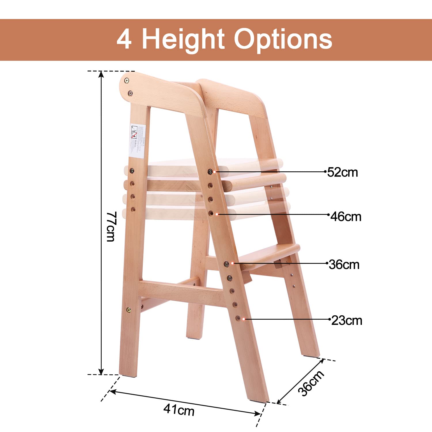 YOLEO High Chair Wooden for Toddlers Junior Childs, Sturdy Durable Dining Feeding Chair with Steps Grows with Child, Max 60kg (Natural Color) Retail $79.00