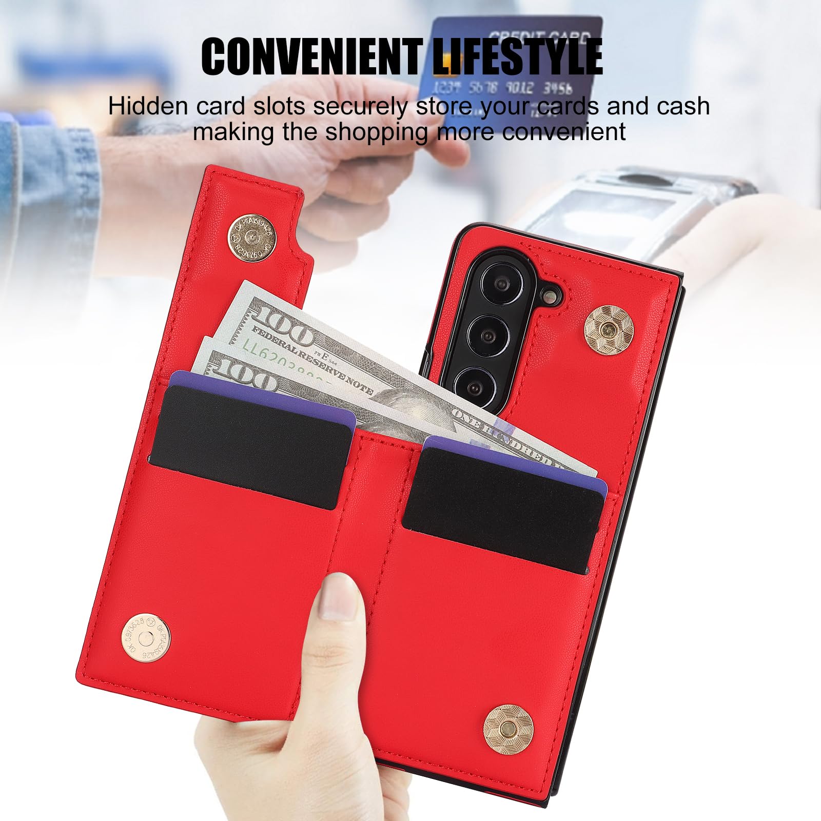 Red Samsung Galaxy Z Fold 5 Wallet Flip Case w Ring Card Holder Cash Slot  Kickstand