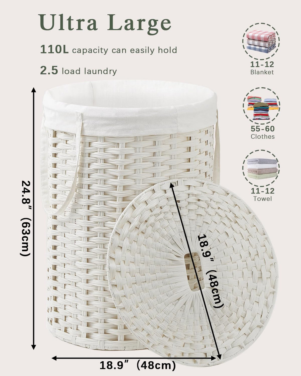 Open-Box New SETVSON Round Rattan 110L Handwoven Laundry Hamper