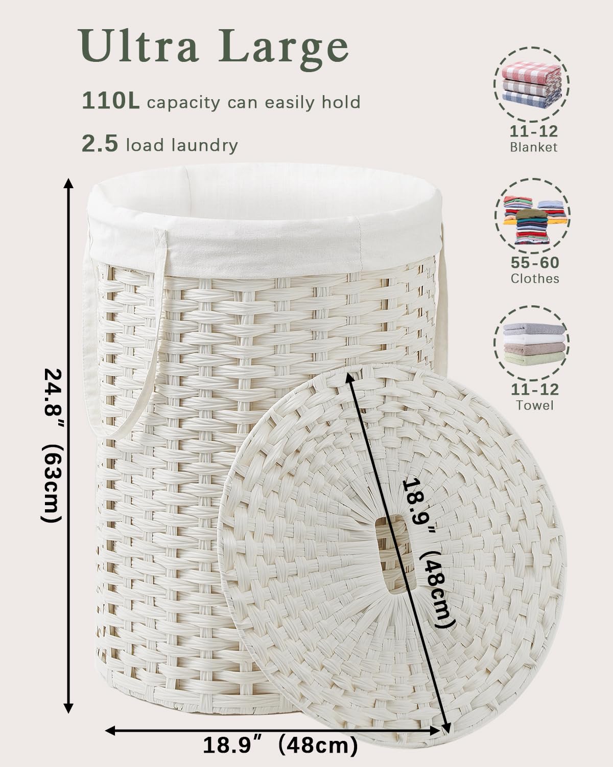Open-Box New SETVSON Round Rattan 110L Handwoven Laundry Hamper