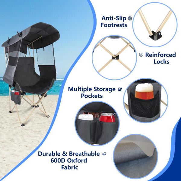 Folding Camping Chair with 360 Sun Protection Canopy Portable Outdoor Shade Chair Grey
