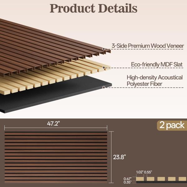 Pack Acoustic Wood Panels for Wall 47.24 x 23.81 Walnut