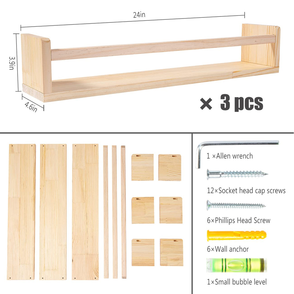 Set of 3 24-Inch Rustic Natural Wood Floating Wall Book Shelves