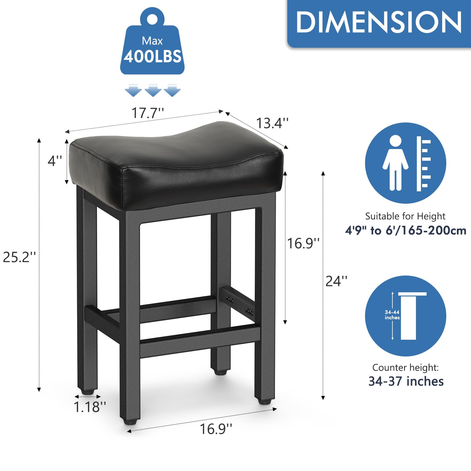 Open-Box New Raynesys Set of 3 24 All Black Saddle Seat Counter Height Barstools