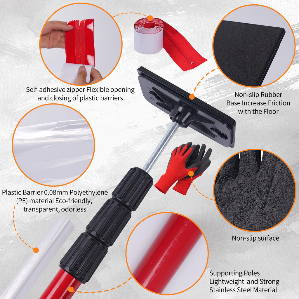 Dust Barrier Kit with Telescoping Poles 32.8x13.1FT Plastic Sheeting Zippers