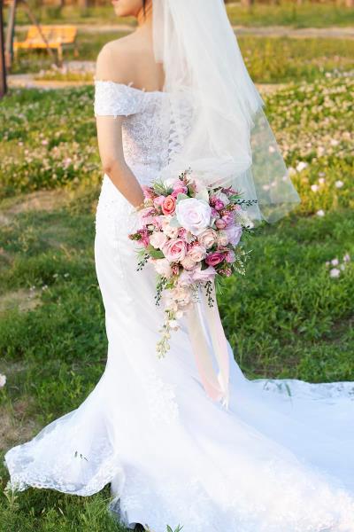 12 Inch Cascade Wedding Bouquet for Bride Fuchsia  Pink Silk Artificial Flowers
