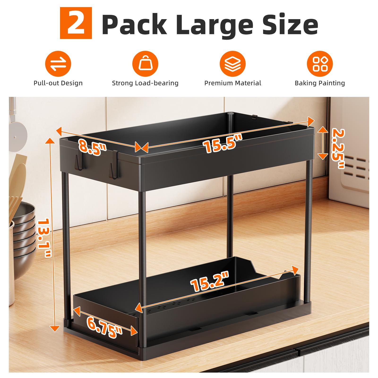 Pack 2-Tier Pull-Out Under Sink Organizer for Kitchen Bathroom Black