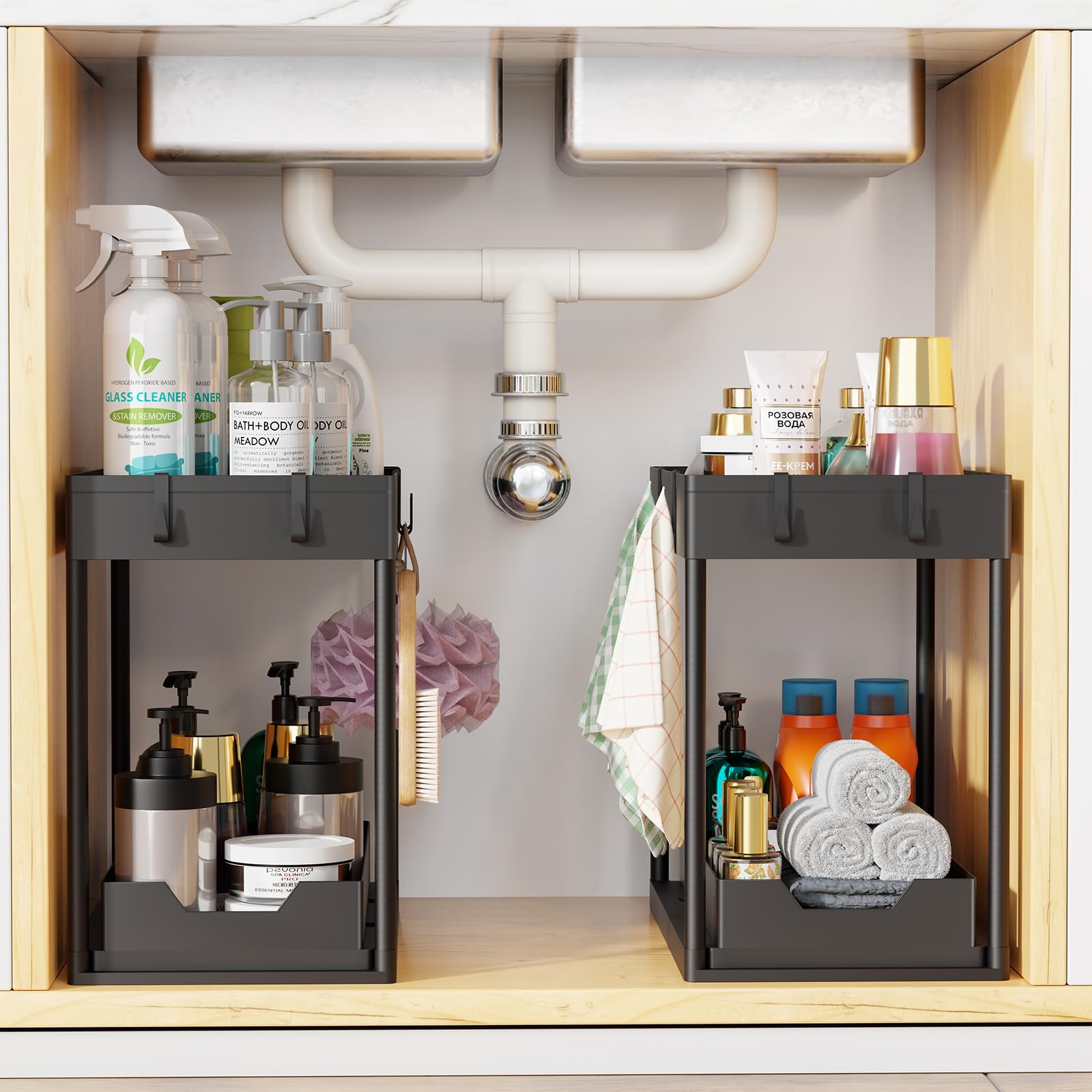 Pack 2-Tier Pull-Out Under Sink Organizer for Kitchen Bathroom Black