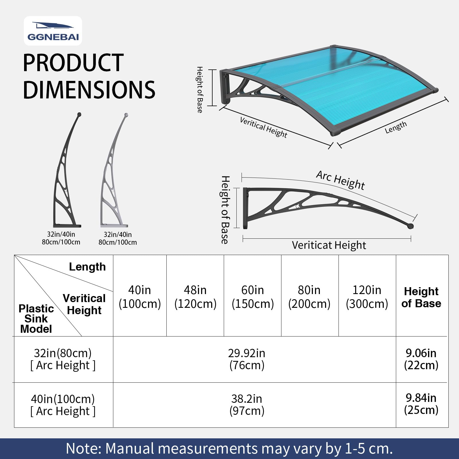 New GGNEBAI 40x80 Polycarbonate Door Entrance Awning Canopy - UVRainSnow Protect Blue