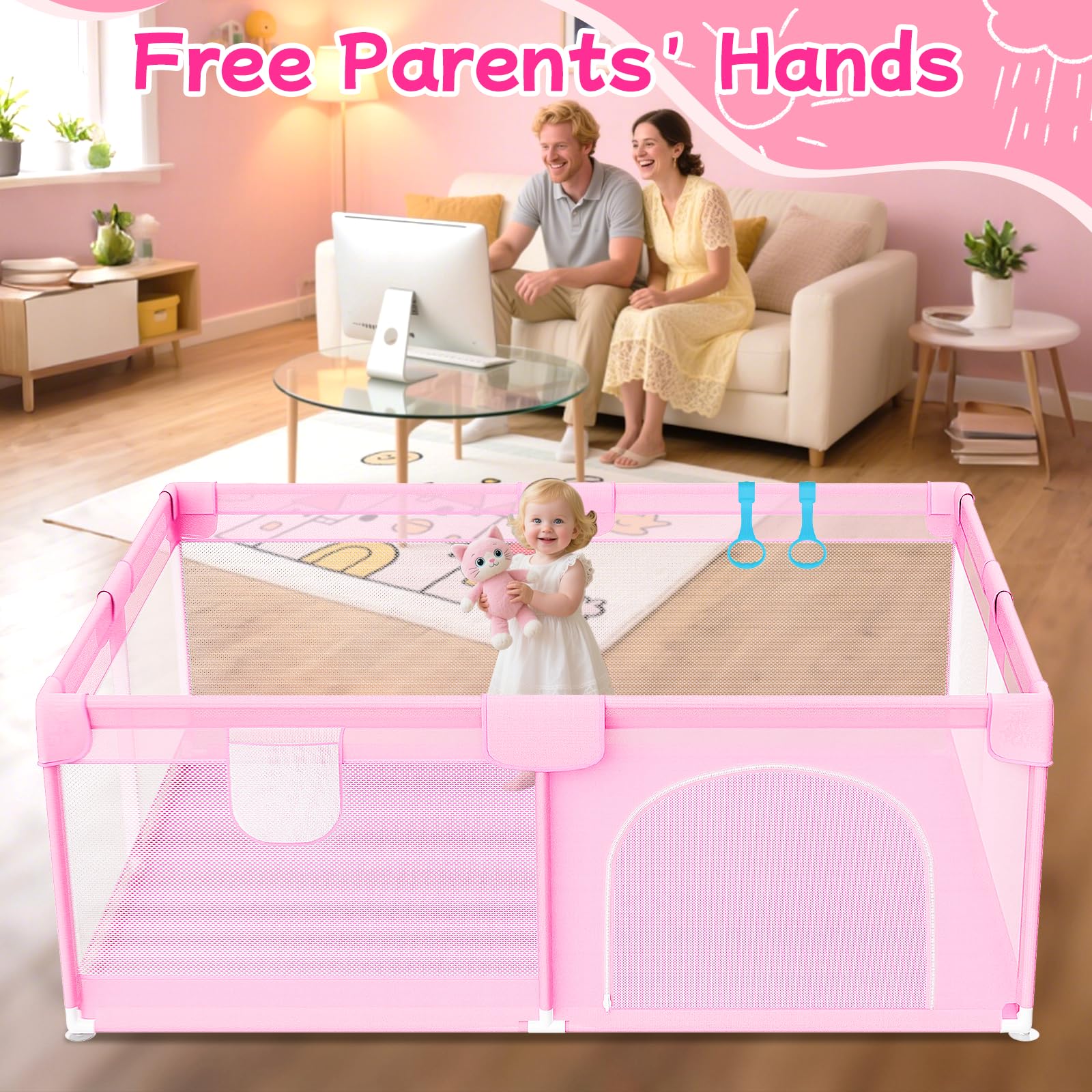 Abdtech Large Baby Playpen 74"x50" - Play Pens for Babies and Toddlers with 2 Handle - Safety Baby Fence Play Area with Breathable Mesh for Indoor & Outdoor, Pink Retail $103.00