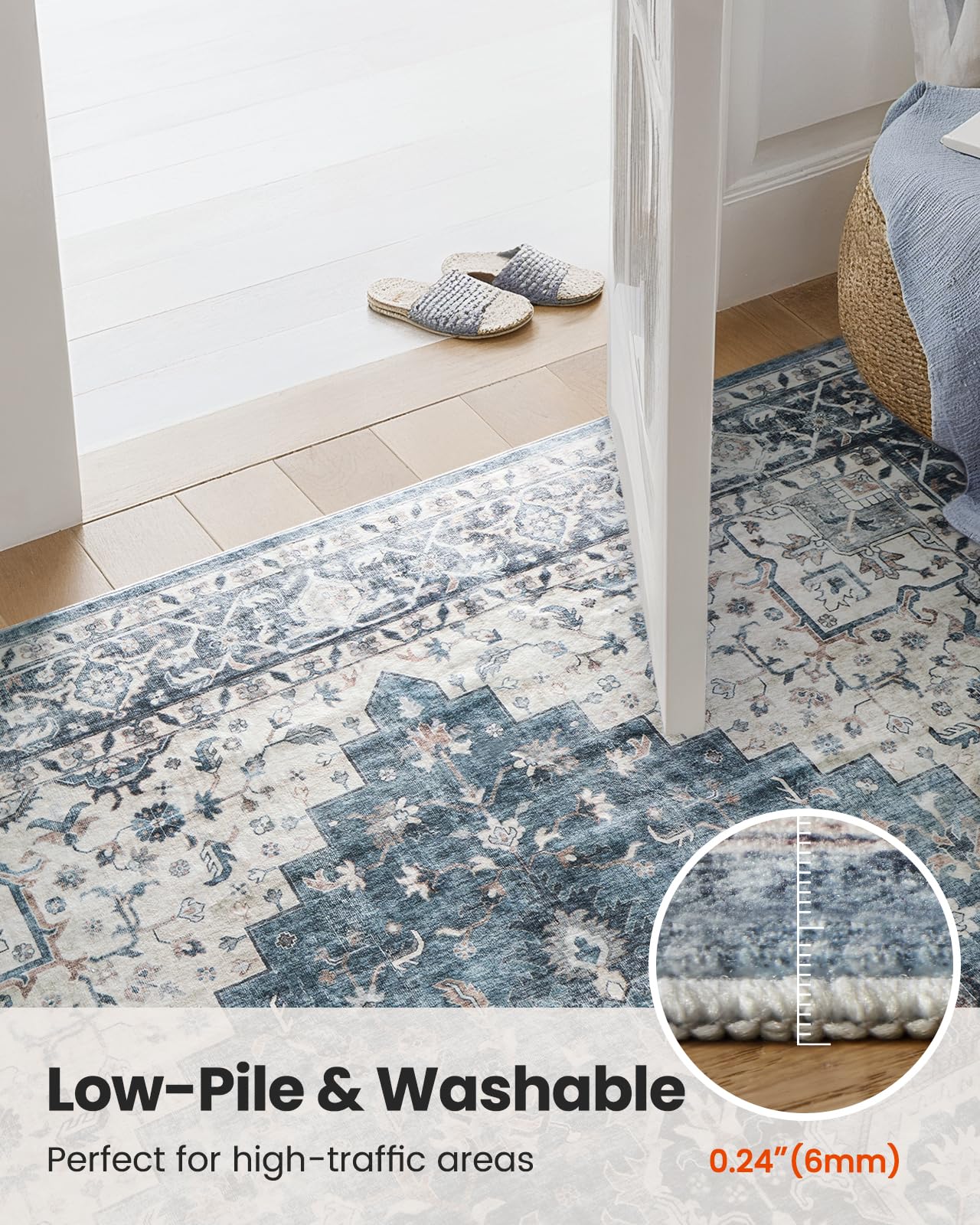 Washable Low-Profile Area Rug with Non-Slip Backing Polyester Blue