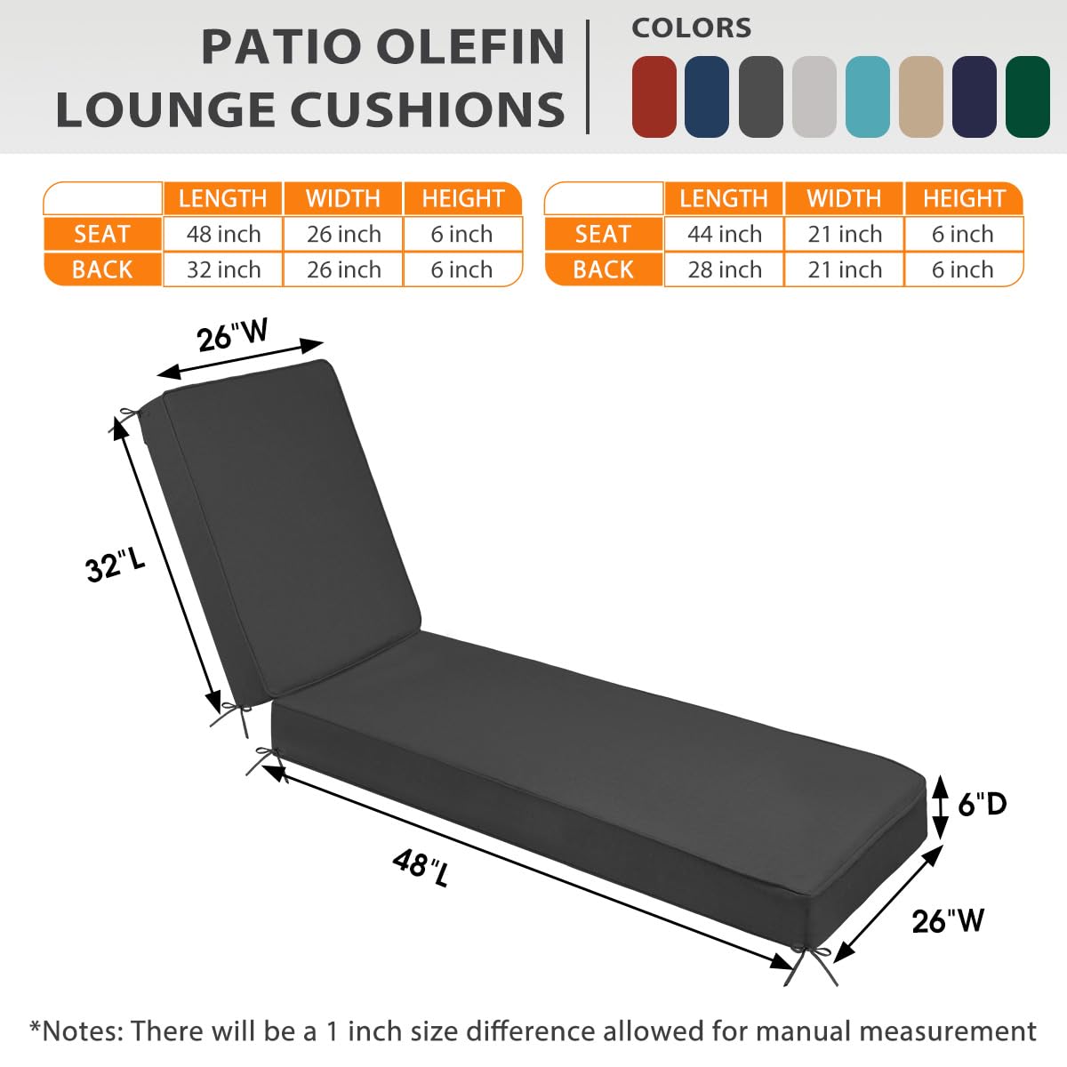Olefin Chaise Lounge Cushion Water-Resistant Patio Lounger Pad Dark Gray 80 x 26 x 6 Inches