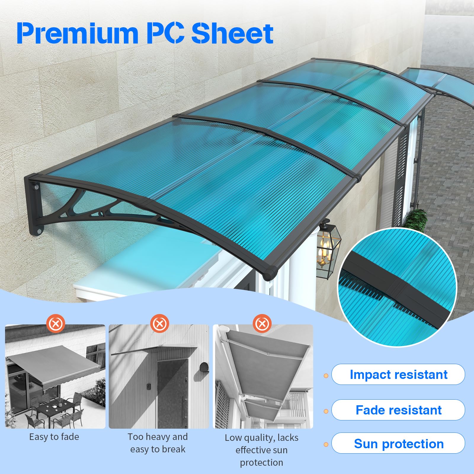 New GGNEBAI 40x80 Polycarbonate Door Entrance Awning Canopy - UVRainSnow Protect Blue