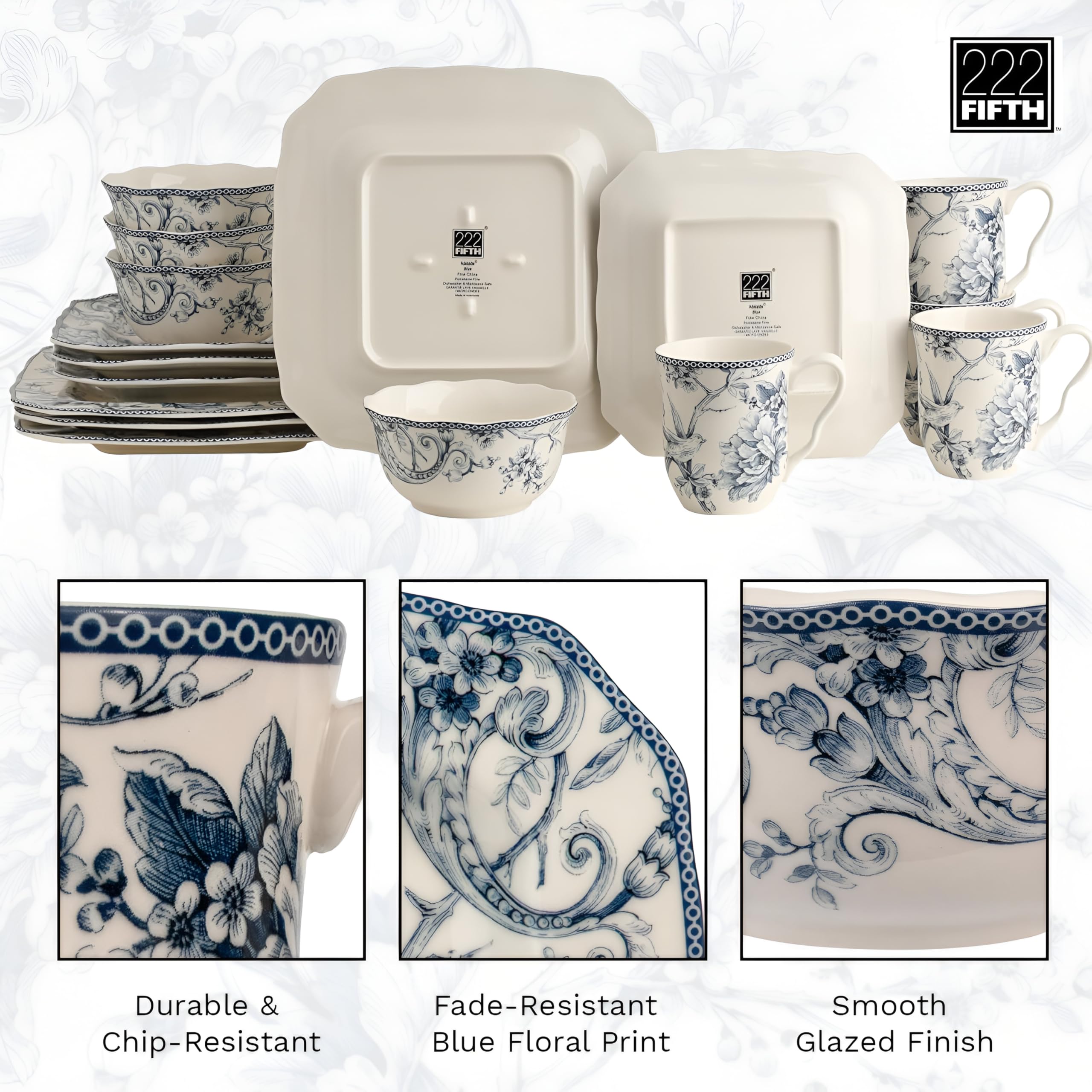 New 222 Fifth Adelaide Blue Floral Porcelain 16-Pc Microwave Safe Dinnerware Set Retail $109.00