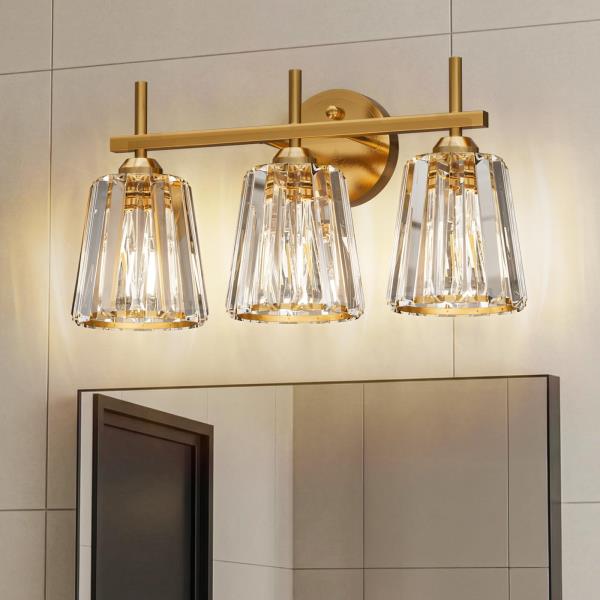 -Light Crystal Bathroom Vanity Light Fixture Gold Modern Wall Sconce with Ceramic E26 Base