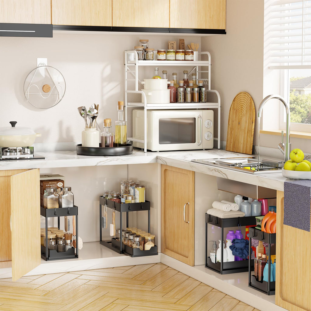 Pack 2-Tier Pull-Out Under Sink Organizer for Kitchen Bathroom Black