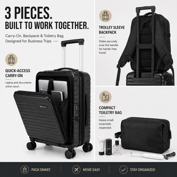 3-Piece Expandable Luggage Set with 20-Inch Front Opening Hardside Suitcase and TSA Lock