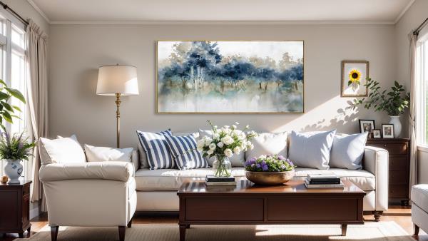 Modern Landscape Canvas Wall Art Ink Tree Painting 24x48 Framed