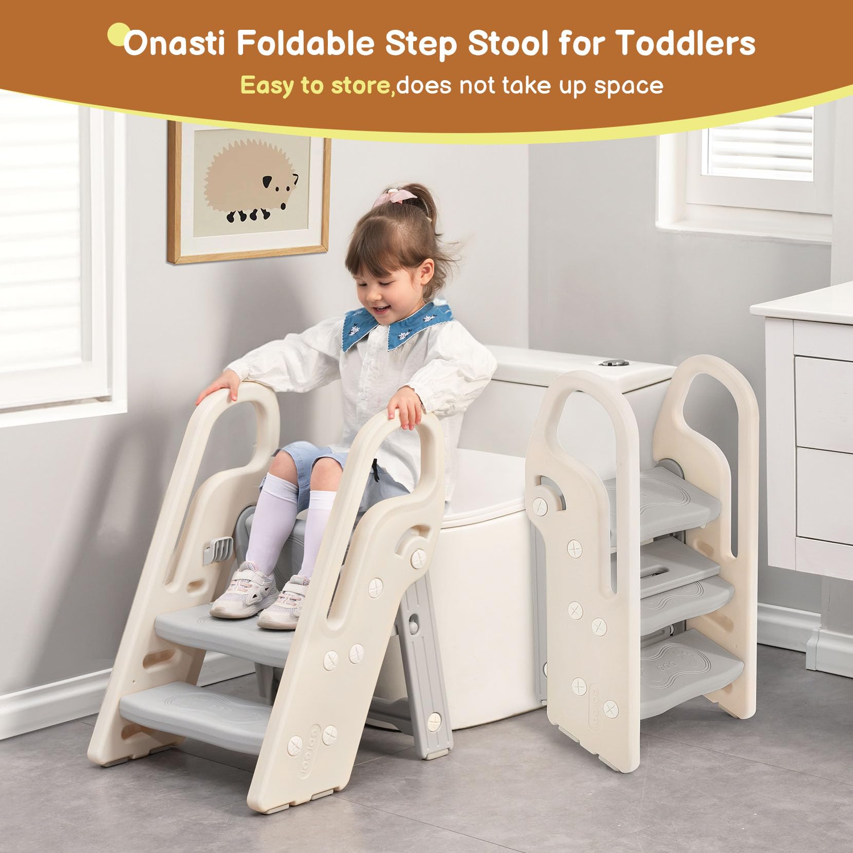 Adjustable Foldable 3-Step Kids Step Stool for Nursery Gray